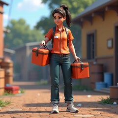 Cartoon-style delivery worker carrying food boxes in a neighborhood. The animated character is walking confidently, creating a sense of reliable service and efficiency.
