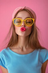 Young woman poses playfully with pink headband and retro sunglasses against a pastel backdrop