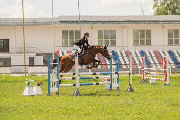 A young girl goes in for horse riding. A horse jumps over a barrier.