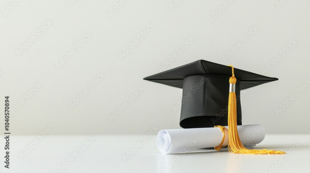 Poster a minimalist representation of a graduation season with a neatly arranged cap and diploma on a white