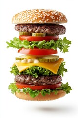 Hamburger with floating elements: sesame bun, cheese, lettuce, tomato, beef patty, on white background