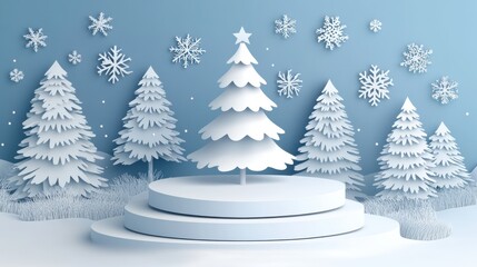 Obraz premium 3D image of a white Christmas tree on a round podium with snowflakes against a blue winter background