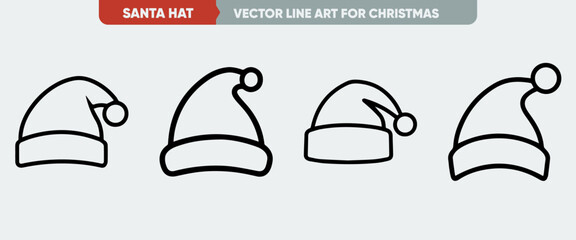 Minimal Outline Santa Claus Hat Christmas Icon Set - Simple Thin Line Web Icon Set Vector Illustration
