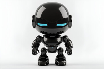 A sleek black robot toy stands against a white background, featuring blue illuminated eyes. Perfect for technology and futuristic themed concepts or children's toys collections.