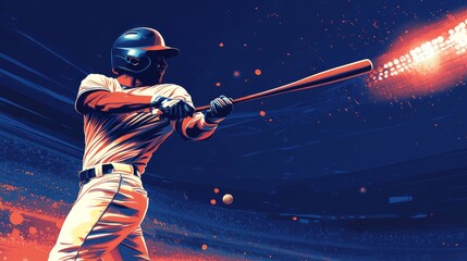 Baseball player in action, hitting a home run, with stadium lights casting a spotlight, done in detailed vector illustration style