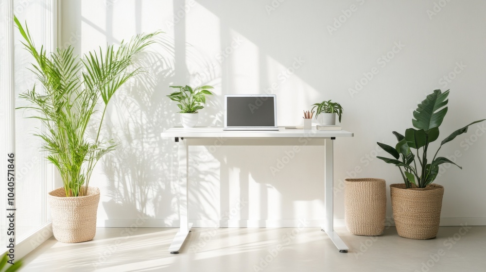 Poster a minimalist workspace with a standing desk and green plants, representing the blend of productivity