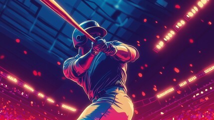 Baseball player in action, hitting a home run, with stadium lights casting a spotlight, done in detailed vector illustration style