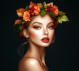 A fantasy autumn woman with a hairstyle that resembles autumn leaves in colour