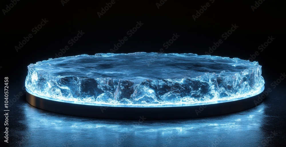 Poster circular ice podium with led light ring creating a futuristic and mystical atmosphere on a dark refl