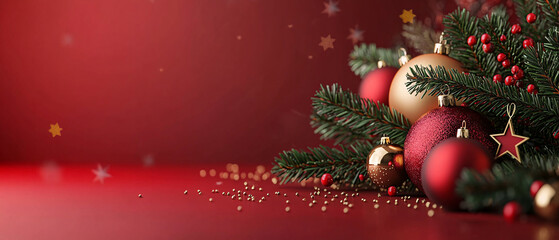 Fototapeta premium Festive Christmas Ornament Arrangement with Red and Gold Baubles and Star, Festive Christmas Ornament Arrangement with Red and Gold Baubles