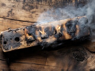 Obraz premium Urgent Fire Safety Reminder: Damaged Electric Power Strip with Smoke in Cozy Wooden Setting – Perfect as a Poster for Home Safety Awareness in Modern Interiors