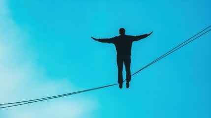 A minimalistic depiction of a person balancing on a tightrope, symbolizing the precarious balance of modern responsibilities, Highwire scene