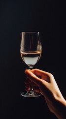 A hand elegantly holds a wine glass filled with a clear beverage against a dark backdrop, showcasing a moment of relaxation