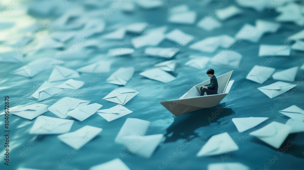 Fototapete A minimalistic depiction of a person floating on a paper boat in a sea of emails, symbolizing navigating through digital communication overload, Abstract setting