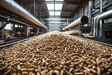 sustainable wood pellet production showcasing various stages from raw wood to finished pellets