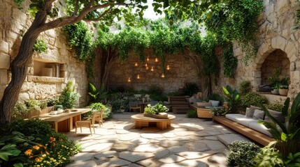 Serene garden space with natural elements and cozy seating.