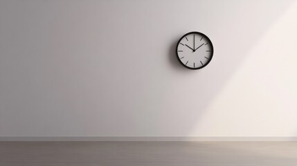 A minimalistic view of a clock hanging on a wall, representing the passage of time and the importance of punctuality in today's fast-paced life, Interior scene