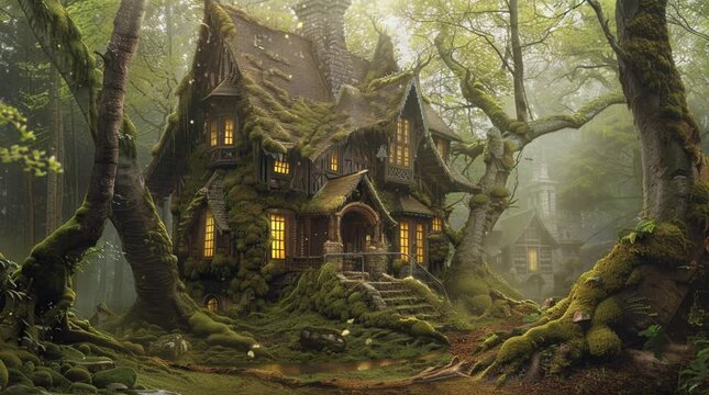 Enchanted witch house in a glowing fantasy forest with mystical atmosphere  
Seamless looping 4k time-lapse virtual video animation Generated AI
