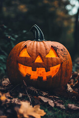 A glowing jack-o'-lantern with a spooky grin sits among fallen leaves, capturing the essence of Halloween's eerie charm and autumn's cozy atmosphere phone wallpaper