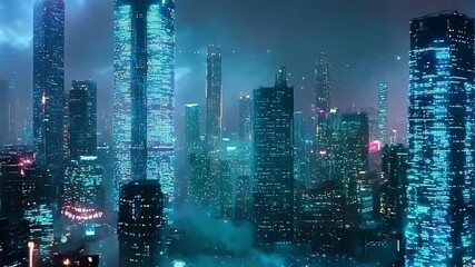Futuristic cityscape with glowing blue light skyscrapers and a foggy atmosphere, generative ai