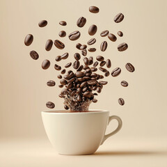 Obraz premium Coffee Beans Bursting from a Cup: A Rising Cascade of Rich, Aromatic Flavor and Energy