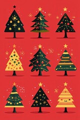 Obraz premium Collection of flat design Christmas tree illustrations with star toppers on a red background