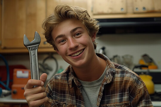Contented Youthful Plumber Relaxing in Kitchen with Adaptable Wrench