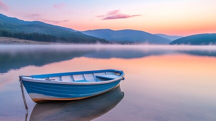 Obraz premium A tranquil lakeside at sunrise, with mist rising from the water, a small boat anchored by the shore, and the sky painted in pastel colors