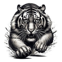 Fototapeta premium black and white action art style tiger charging the viewer with no background.