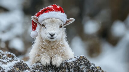 A playful mountain goat kid wearing a Santa hat amid snowy rocks in winter