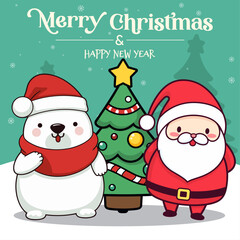 Winter Season Holiday Cartoon Character - Merry Christmas and Happy New Year with Santa Claus and Friends, Vector
