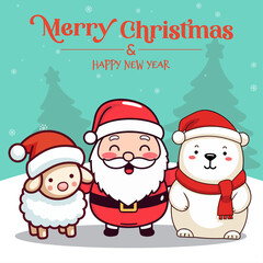 Santa Claus and Friends - Merry Christmas and Happy New Year, Holiday Cartoon Character in Winter Season, Vector
