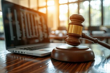 Close-up of laptop and gavel on courtroom table