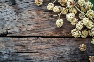 Dried white mulberry over wooden background.