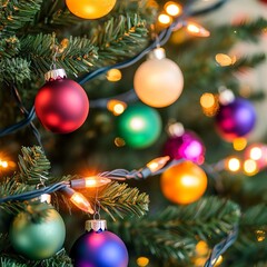 Close-up of colorful string lights wrapped around a pine garland, glowing in a cozy room
