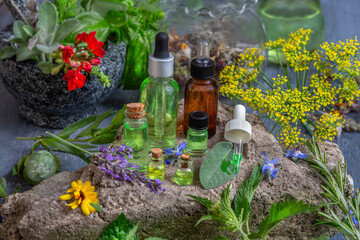 Alternative medicine and remedy, herbal natural cosmetics, aromatherapy and essential oil concept. wooden background