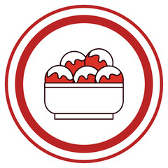 Vector Illustration of a Bowl of Japanese Takoyaki Octopus Balls Inside a Red Circular Frame for Asian Street Food and Culinary Icons