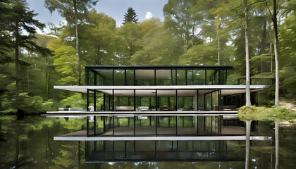 Fototapeta premium Glass house with floor-to-ceiling windows, sleek metal beams, pond reflection, and forest surroundings.