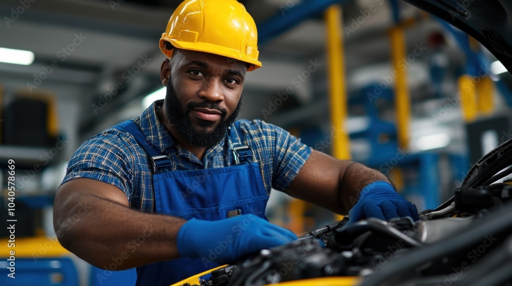 Poster mechanic working on the engine of a car in a garage, highlighting the technical skills and hands-on 