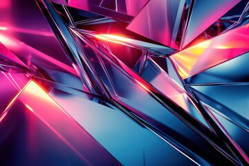 Abstract sharp lines and metallic shapes with vibrant neon lighting