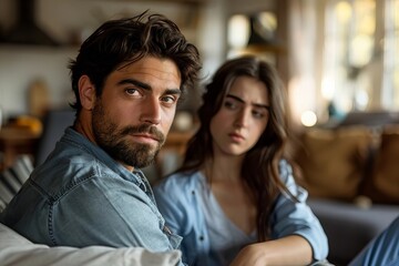 Fototapeta premium Man Sits Blurred on Couch in Front of Upset Young Woman