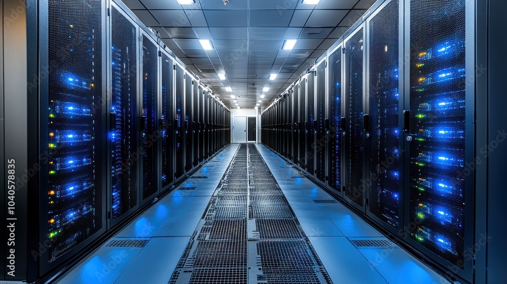 Poster servers and cloud infrastructure in a data center, showcasing the backbone of modern digitalization 