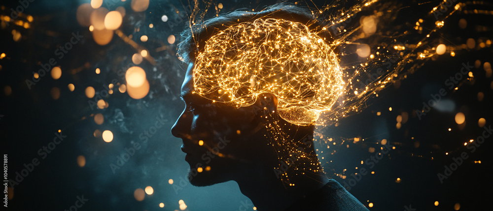 Poster conceptual image of human brain with glowing neural network