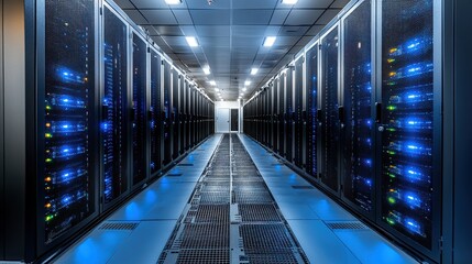 Fototapeta premium Servers and cloud infrastructure in a data center, showcasing the backbone of modern digitalization and cloud computing systems