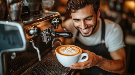 Barista making a latte in a cozy coffee shop, representing the artistry and skill in preparing specialty coffee