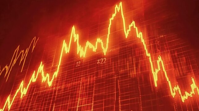 A bright orange and red line graph illustrates market fluctuations, highlighting key points of increase and decrease over time in a financial trading environment