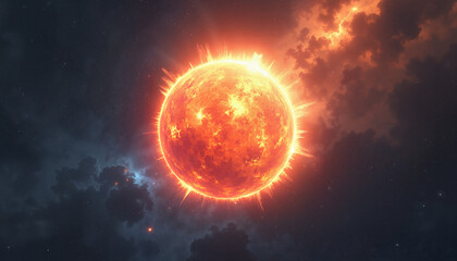 Obraz premium Vibrant fiery sun glowing in a dark sky with cosmic clouds and starry background