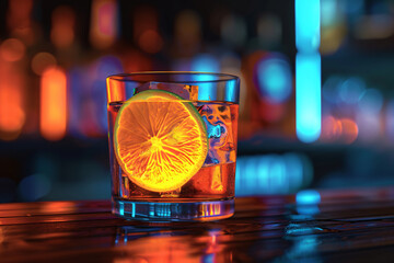 A chic cocktail in a glass with ice against the background of a blurred bar counter. Banner template for advertising a bar, a seasonal menu in a restaurant and club drinks.