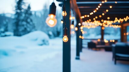 String lights draped across a snowy pergola, lighting up a cozy outdoor space