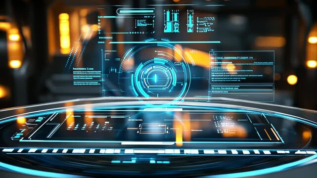 Futuristic holographic interface displaying data and analytics in a tech environment.